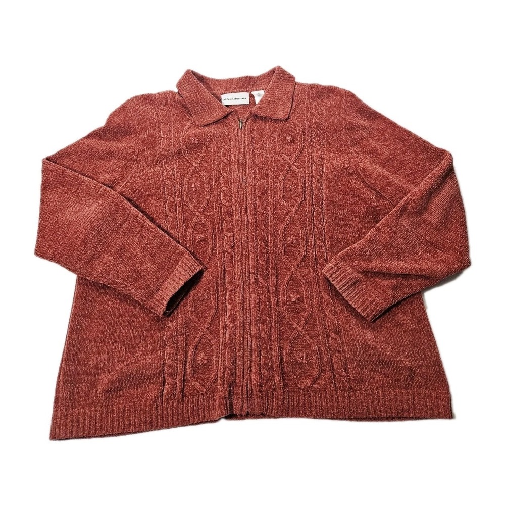 Alfred Dunner Rustic‎ Red Cable Knit Collared Sweater Size XL Floral Accents